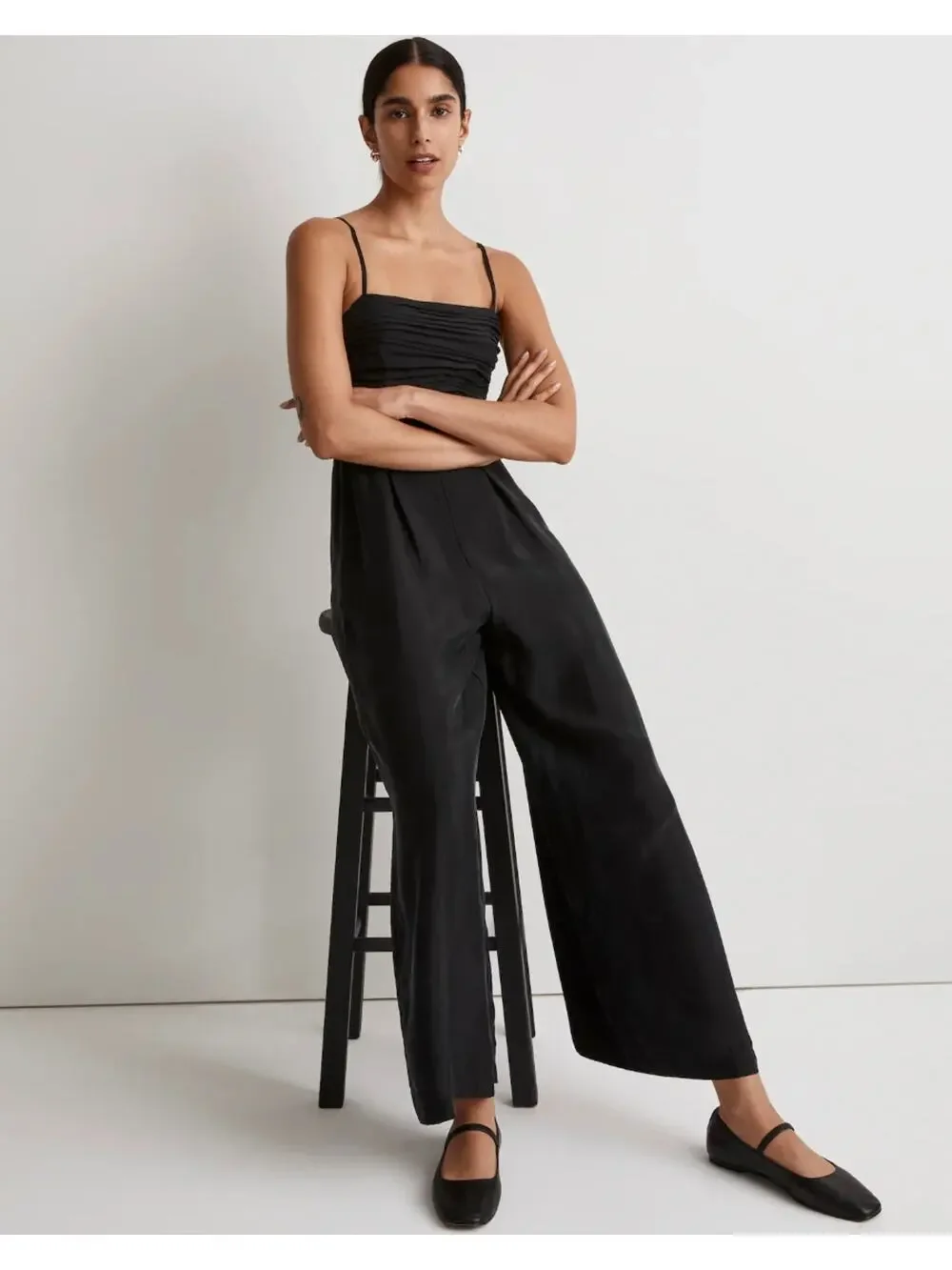 Madewell Ruched Drapey Silky Crop Straight Leg Jumpsuit True Black 14 NWT $138 - Picture 1 of 7